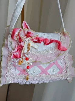 Sac Lolita de style pastoral en polyester rose à volants et chaînes sac à main ombré accessoires Lolita