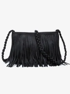 Sacs pour femmes café marron simili cuir forme horizontale bandoulière frange fermeture éclair