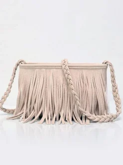 Sacs pour femmes café marron simili cuir forme horizontale bandoulière frange fermeture éclair