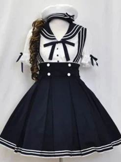 Sailor Lolita Outfits Chemise à manches courtes bleu foncé avec jupe pull plissée
