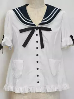 Sailor Lolita Outfits Chemise à manches courtes bleu foncé avec jupe pull plissée