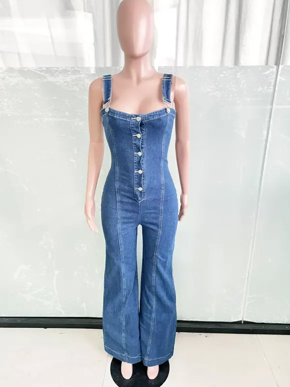 Salopette en jean sexy pour femme - Combinaison rétro bleue à boutons et jambes larges évasées - Tenue streetwear idéale pour les soirées d'été 2026