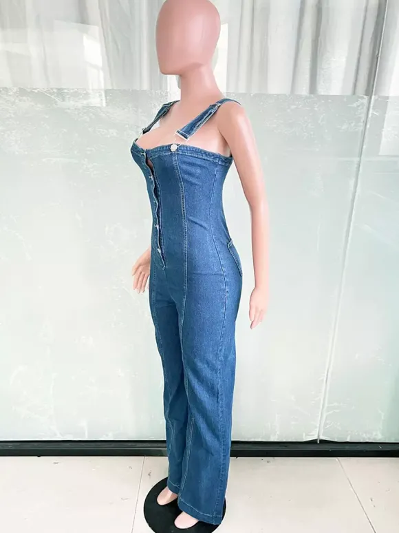Salopette en jean sexy pour femme - Combinaison rétro bleue à boutons et jambes larges évasées - Tenue streetwear idéale pour les soirées d'été 2026