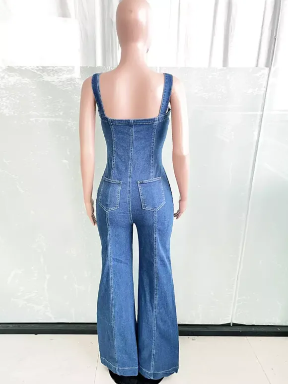 Salopette en jean sexy pour femme - Combinaison rétro bleue à boutons et jambes larges évasées - Tenue streetwear idéale pour les soirées d'été 2026