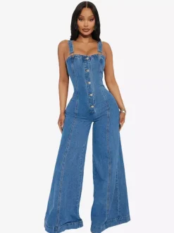 Salopette en jean sexy pour femme - Combinaison rétro bleue à boutons et jambes larges évasées - Tenue streetwear idéale pour les soirées d'été 2026