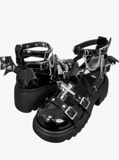 Sandale Lolita Steampunk en cuir PU à bout rond chaussures Lolita noires