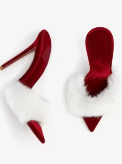 Sandales à glissière pour femmes Chic fausse fourrure Micro daim supérieur bout pointu pantoufles à talons aiguilles