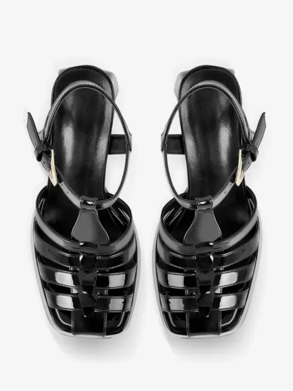 Sandales à talons blocs noires chaussures à talons hauts découpés à plateforme