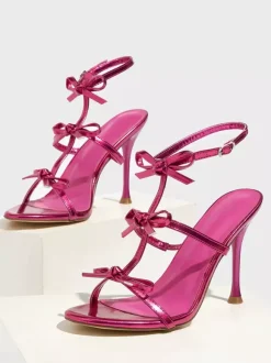 Sandales à talons hauts avec n艙ud doré et bride à la cheville Chaussures de fête