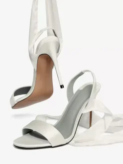 Sandales À Talons Hauts Bride À Lacets En Satin Blanc En N艙ud Chaussures De Mariée Bal Soirée Mariage