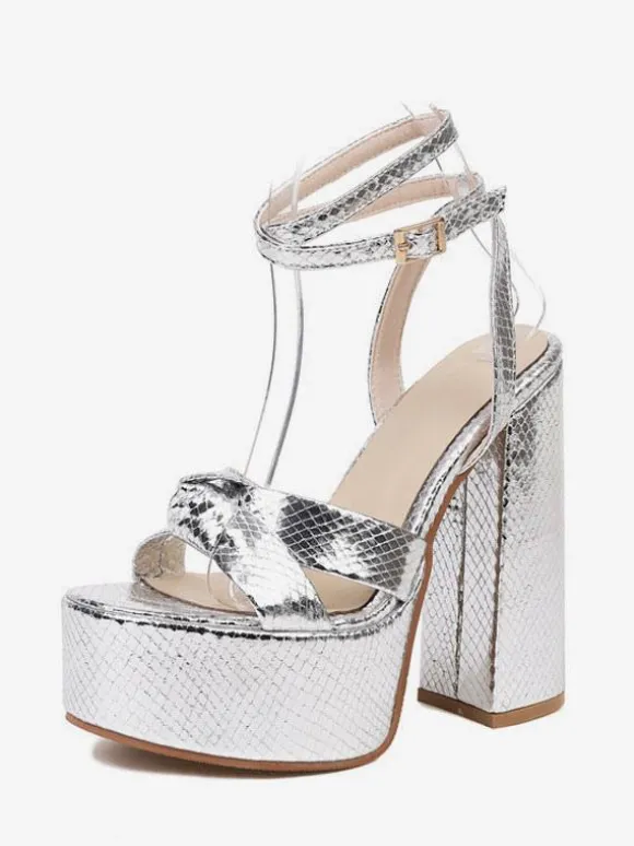 Sandales à talons hauts dorées à bout ouvert nouées à talons épais et à bride à la cheville