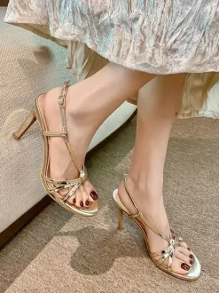Sandales à talons hauts dorées pour femmes bout ouvert à brides chaussures de soirée