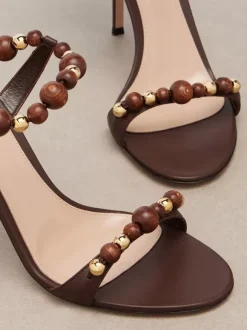 Sandales à talons hauts dorées pour femmes bout ouvert lacets et perles