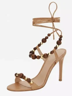 Sandales à talons hauts dorées pour femmes bout ouvert lacets et perles