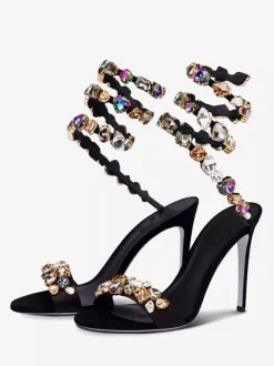 Sandales À Talons Hauts En Satin Noir À Bout Ouvert Strass Chaussures De Bal Femmes Chaussures De Soirée