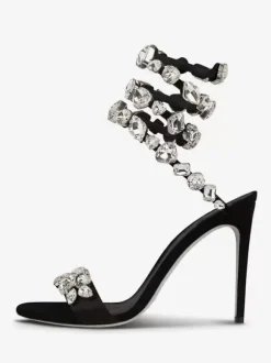 Sandales À Talons Hauts En Satin Noir À Bout Ouvert Strass Chaussures De Bal Femmes Chaussures De Soirée