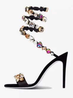 Sandales À Talons Hauts En Satin Noir À Bout Ouvert Strass Chaussures De Bal Femmes Chaussures De Soirée