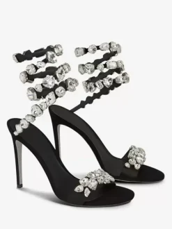 Sandales À Talons Hauts En Satin Noir À Bout Ouvert Strass Chaussures De Bal Femmes Chaussures De Soirée