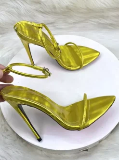 Sandales à talons hauts métalliques à bout ouvert et bride à la cheville pour chaussures de fête