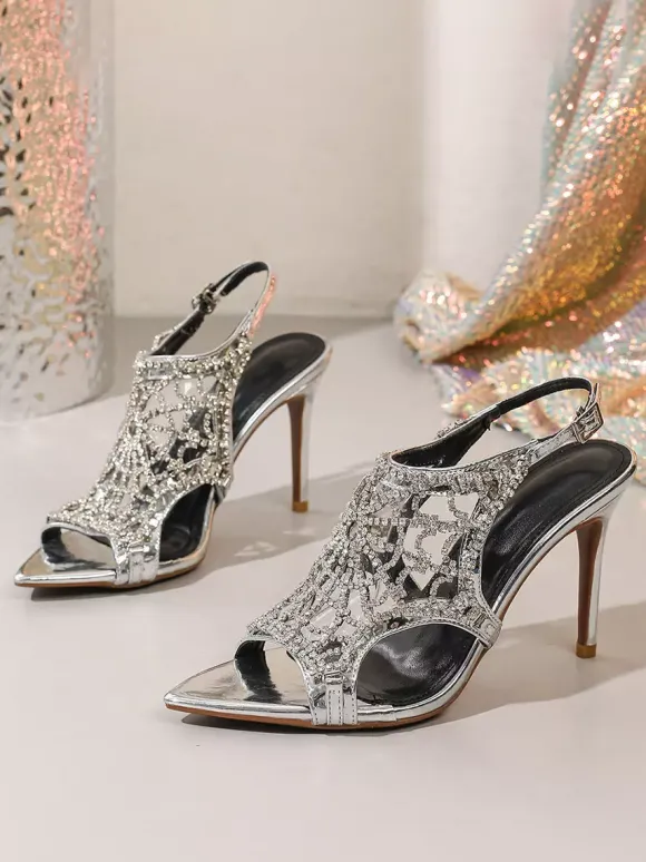 Sandales à talons hauts ornées de strass bout ouvert et bride arrière ajourée chaussures de soirée