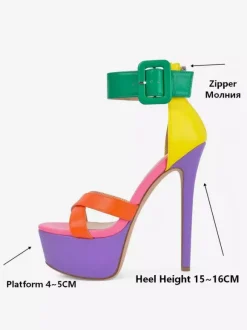 Sandales à talons hauts pour femmes plateforme colorée bout ouvert bride cheville et boucle