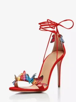 Sandales à talons pour femmes bout ouvert talon aiguille détail papillon chaussures de bal à lacets