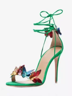 Sandales à talons pour femmes bout ouvert talon aiguille détail papillon chaussures de bal à lacets