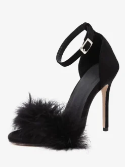 Sandales à talons pour femmes Bout ouvert Détail en fausse fourrure Sandales à talons aiguilles