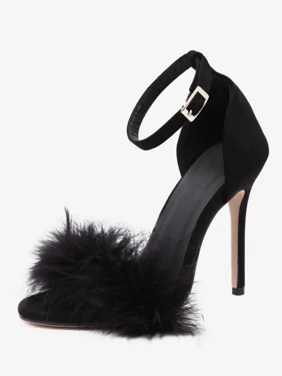 Sandales à talons pour femmes Bout ouvert Détail en fausse fourrure Sandales à talons aiguilles