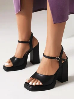 Sandales à talons pour femmes Bout carré Talon épais Sandales en faux cuir