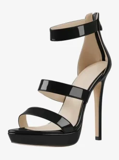 Sandales à talons pour femmes noires bout ouvert talon aiguille bretelles chaussures sexy