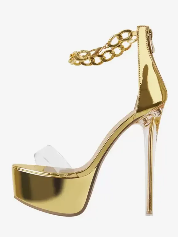Sandales à talons sexy plateforme dorée bout ouvert talon aiguille chaussures à bride à la cheville