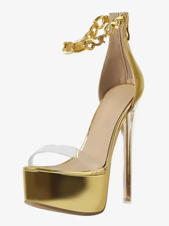Sandales à talons sexy plateforme dorée bout ouvert talon aiguille chaussures à bride à la cheville