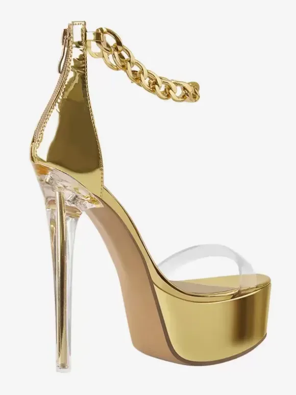 Sandales à talons sexy plateforme dorée bout ouvert talon aiguille chaussures à bride à la cheville