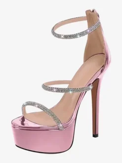 Sandales à talons sexy pour femmes plateforme bout ouvert strass bretelles talons aiguilles