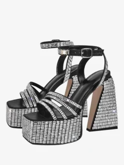 Sandales Chaussures de soirée noires strass bloc talon plate-forme à talons hauts carré