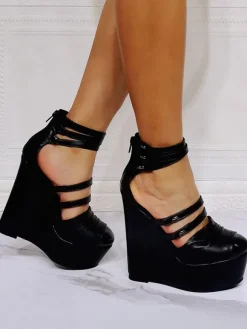 Sandales compensées noires bout fermé talon aiguille cuir PU bride de cheville noire talons compensés
