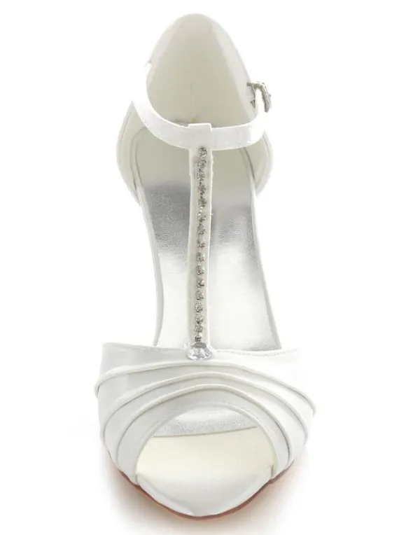 Sandales de mariée blanche bout ouvert en satin type T Chaussures de mariée