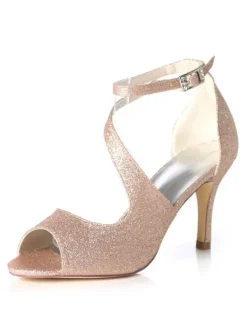 Sandales de mariée bout ouvert talon haut boucle réglable brillante Sandales de soirée