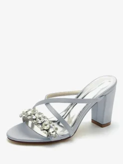 Sandales de mariée Deep Blue Satin Chic Sandales de mariage à bout ouvert et strass