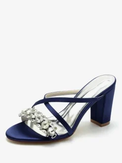 Sandales de mariée Deep Blue Satin Chic Sandales de mariage à bout ouvert et strass