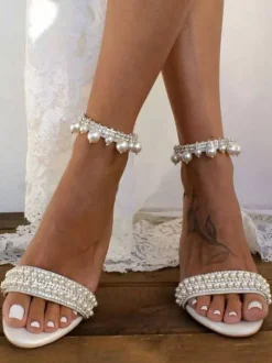Sandales De Mariée En Cuir PU Blanc Chic Sandales De Mariage Perles À Bout Ouvert