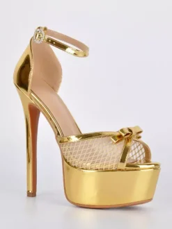 Sandales dorées à talons hauts plateforme bout ouvert bride cheville en résille avec n艙ud chaussures de soirée