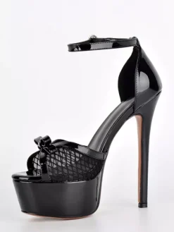 Sandales dorées à talons hauts plateforme bout ouvert bride cheville en résille avec n艙ud chaussures de soirée
