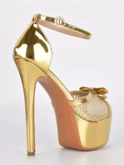 Sandales dorées à talons hauts plateforme bout ouvert bride cheville en résille avec n艙ud chaussures de soirée