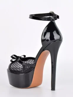 Sandales dorées à talons hauts plateforme bout ouvert bride cheville en résille avec n艙ud chaussures de soirée