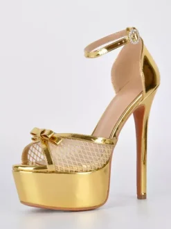 Sandales dorées à talons hauts plateforme bout ouvert bride cheville en résille avec n艙ud chaussures de soirée