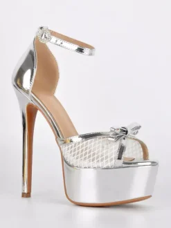 Sandales dorées à talons hauts plateforme bout ouvert bride cheville en résille avec n艙ud chaussures de soirée