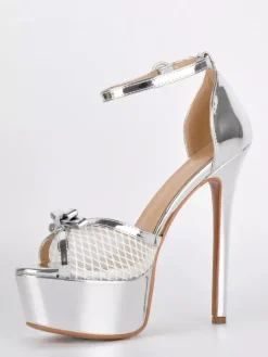 Sandales dorées à talons hauts plateforme bout ouvert bride cheville en résille avec n艙ud chaussures de soirée
