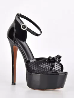 Sandales dorées à talons hauts plateforme bout ouvert bride cheville en résille avec n艙ud chaussures de soirée